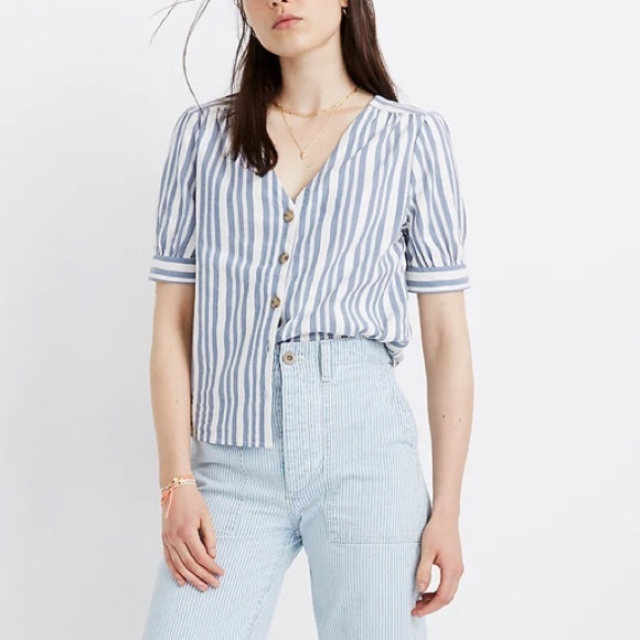 Madewell Plaza Button-Front Shirt in Blue Stripe - Picture 2 of 9